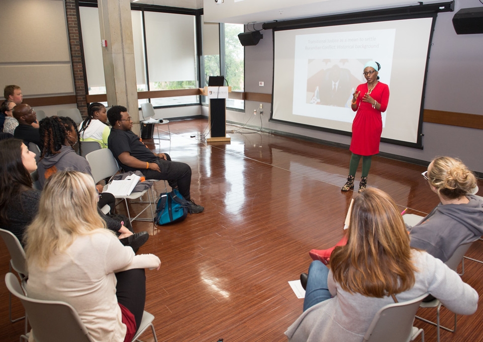 Esperance Gatorethe speaks about transitional justice in Burundi during the 2018 Social Justice Festival at Buffalo State.